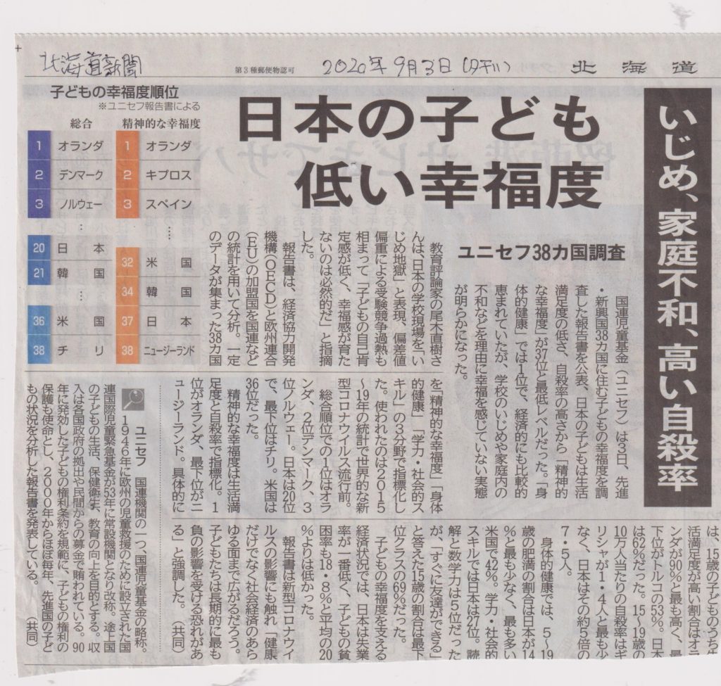 北海道新聞 日本の子ども低い幸福度についての記事の画像